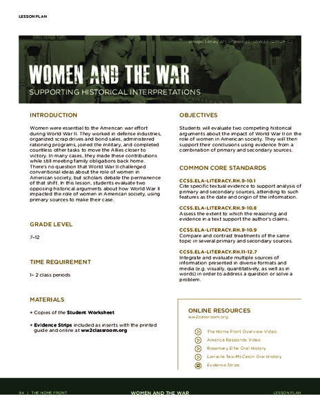 Women and the War: Supporting Historical Interpretations Lesson Plan