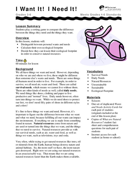 I Want It! I Need It! Lesson Plan