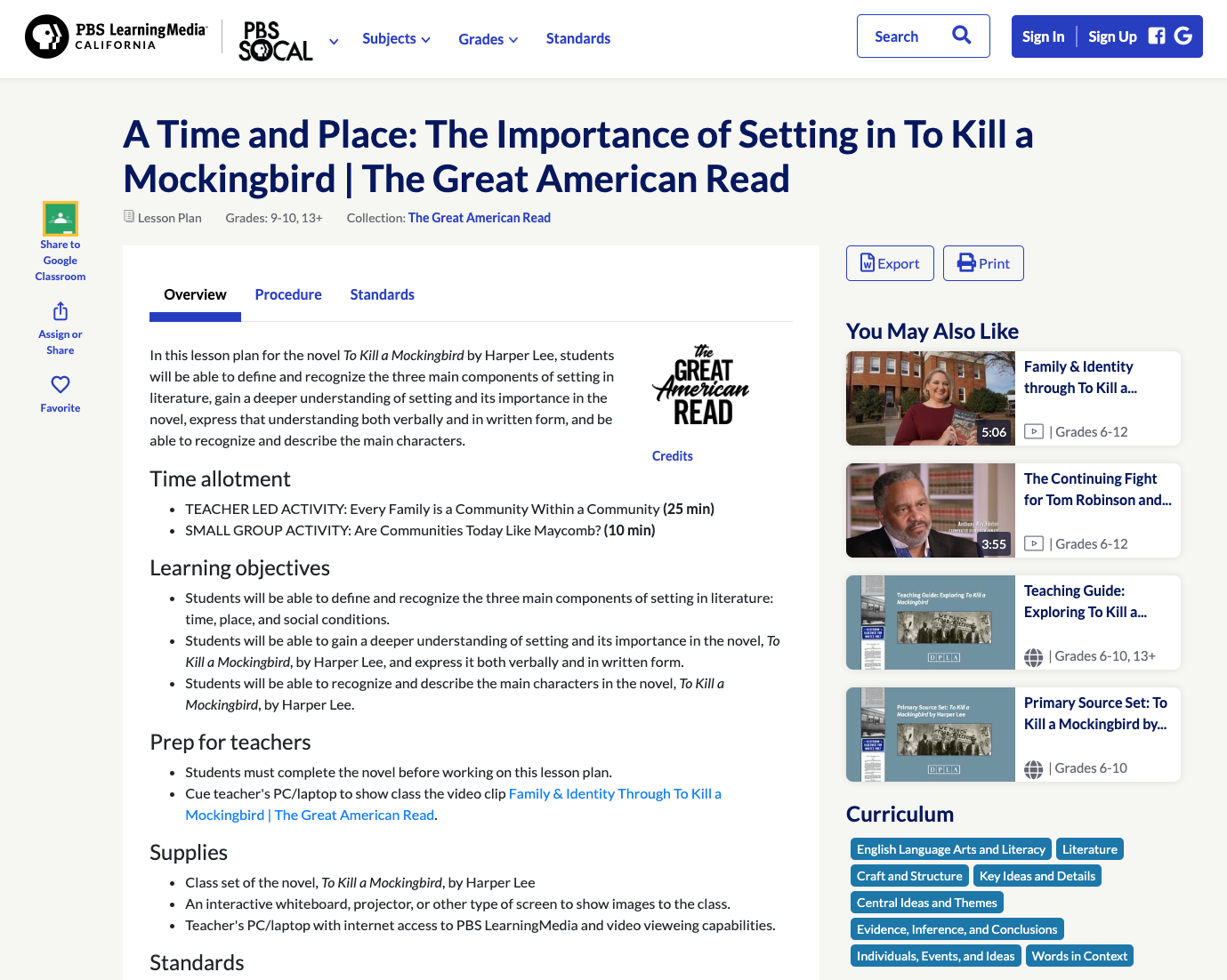 A Time and Place: The Importance of Setting in To Kill a Mockingbird Lesson Plan
