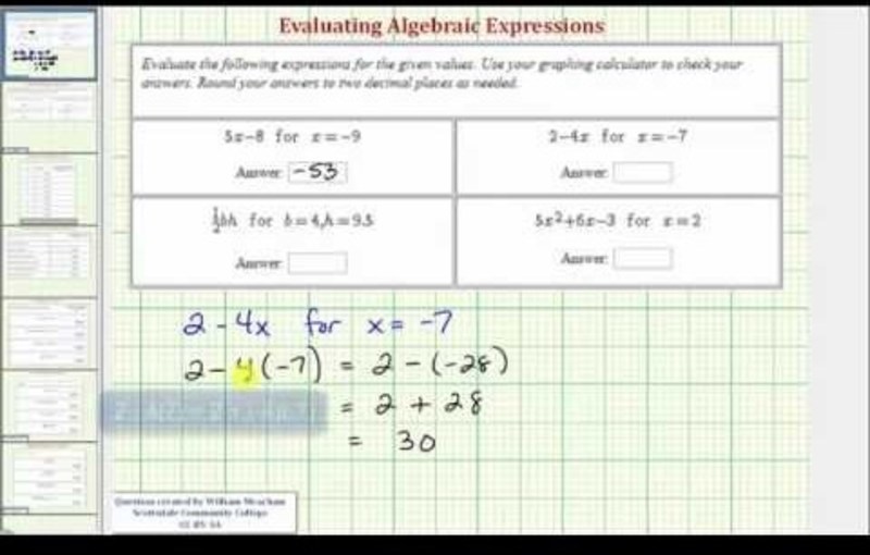 Evaluate Basic Algebraic Expressions (Example 2) Instructional Video