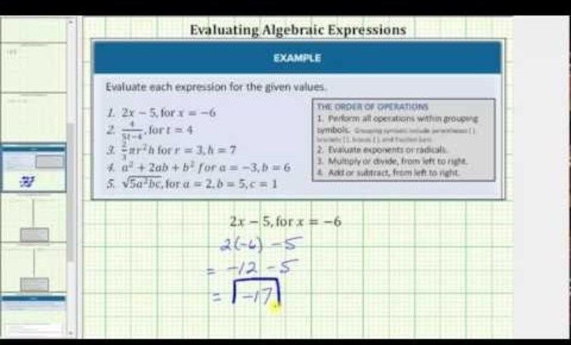 Evaluate Various Algebraic Expressions Instructional Video