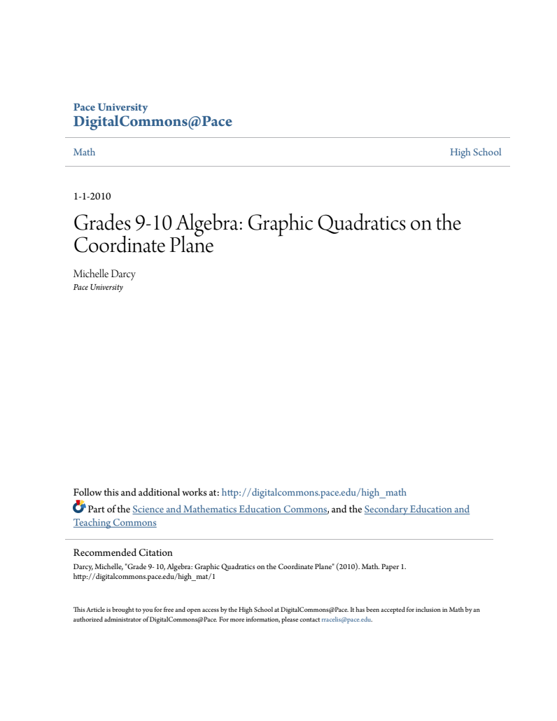 Grades 9-10 Algebra: Graphic Quadratics on the Coordinate Plane Lesson Plan