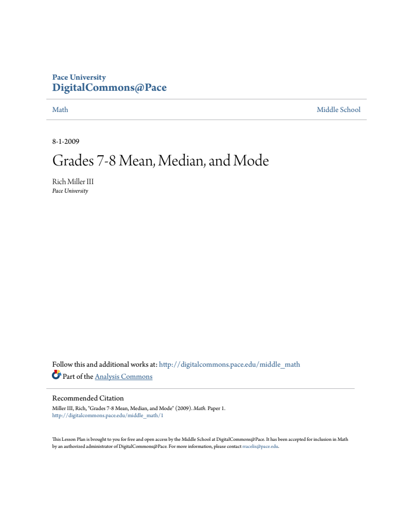 Grades 7-8 Mean, Median, and Mode Lesson Plan