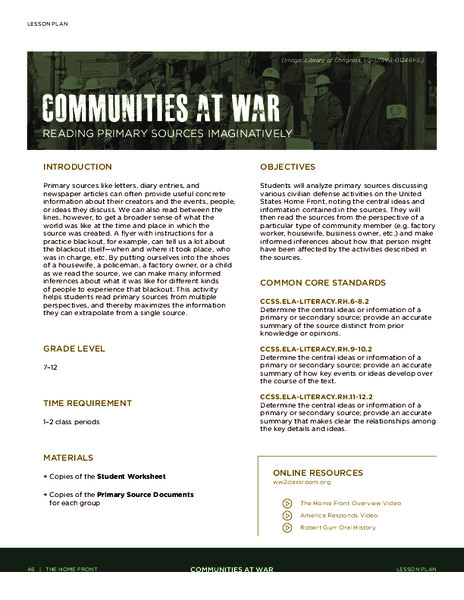 Communities at War: Reading Primary Sources Imaginatively Lesson Plan