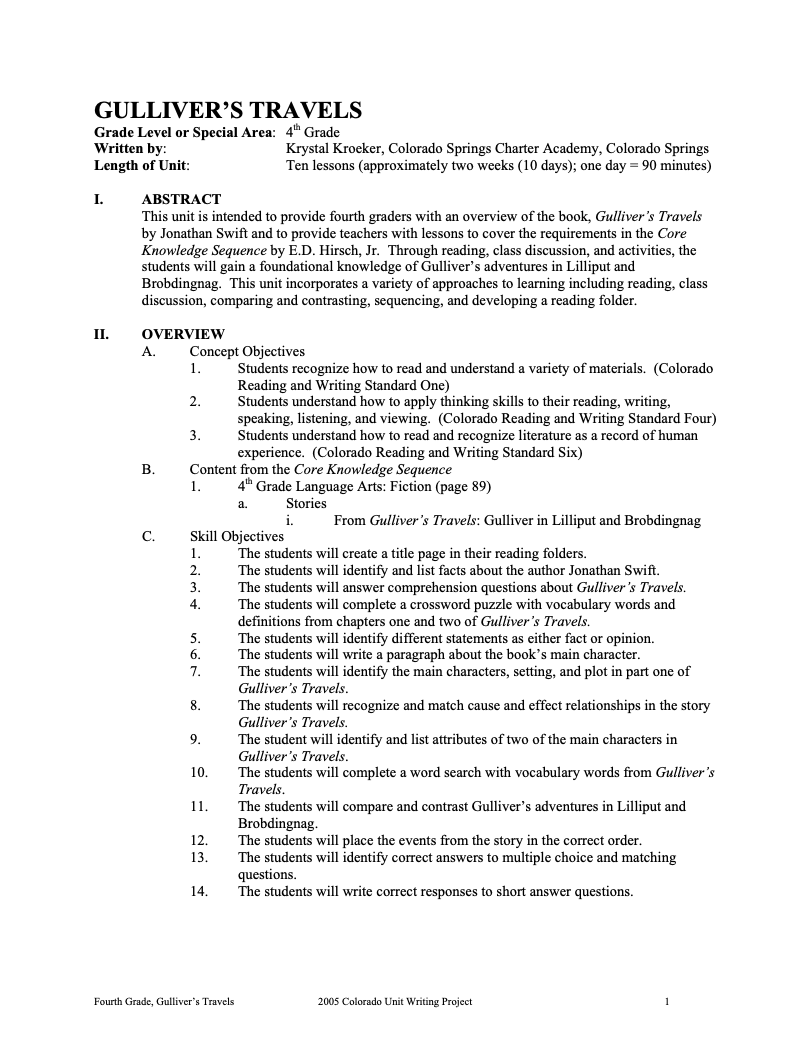 Gulliver's Travels Unit Plan