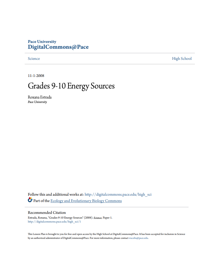 Grades 9-10 Energy Sources Lesson Plan