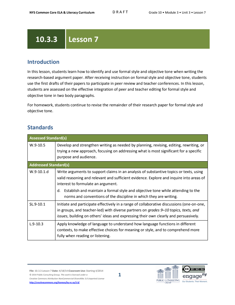 Grade 10 ELA Module 3: Unit 3, Lesson 7 Lesson Plan