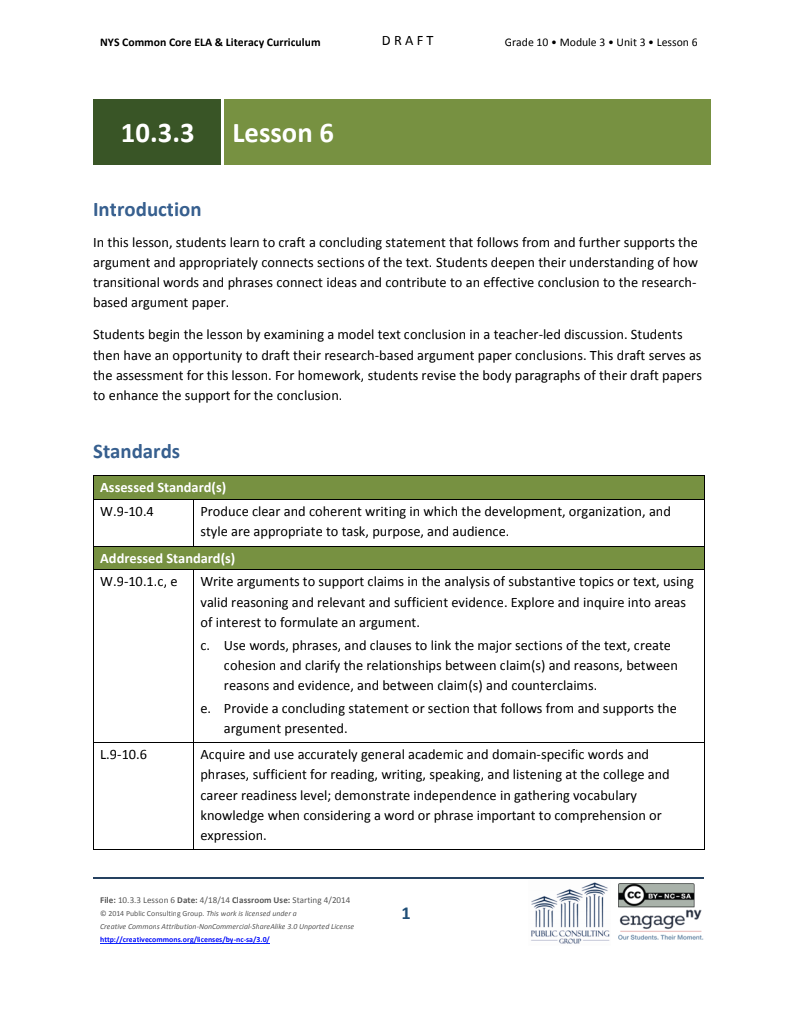 Grade 10 ELA Module 3: Unit 3, Lesson 6 Lesson Plan