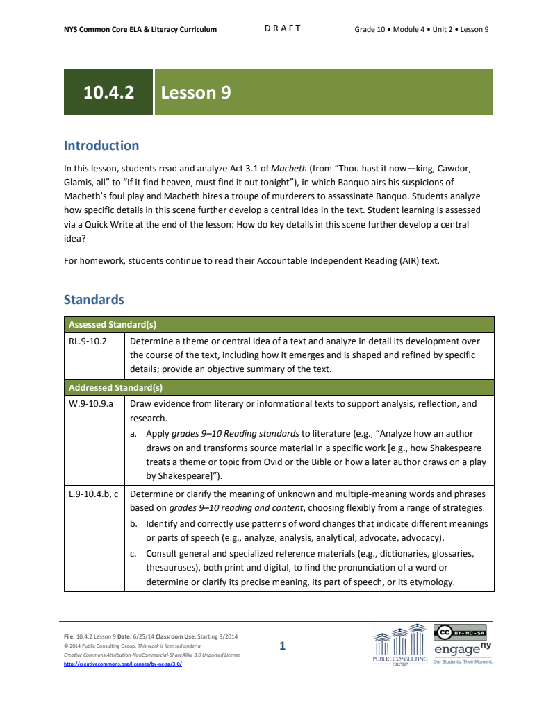 Grade 10 ELA Module 4: Unit 2, Lesson 9 Lesson Plan