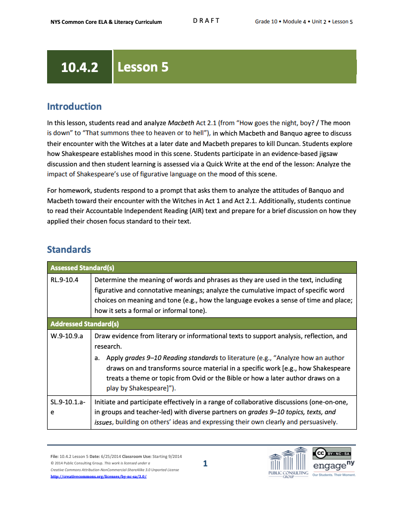 Grade 10 ELA Module 4: Unit 2, Lesson 5 Lesson Plan