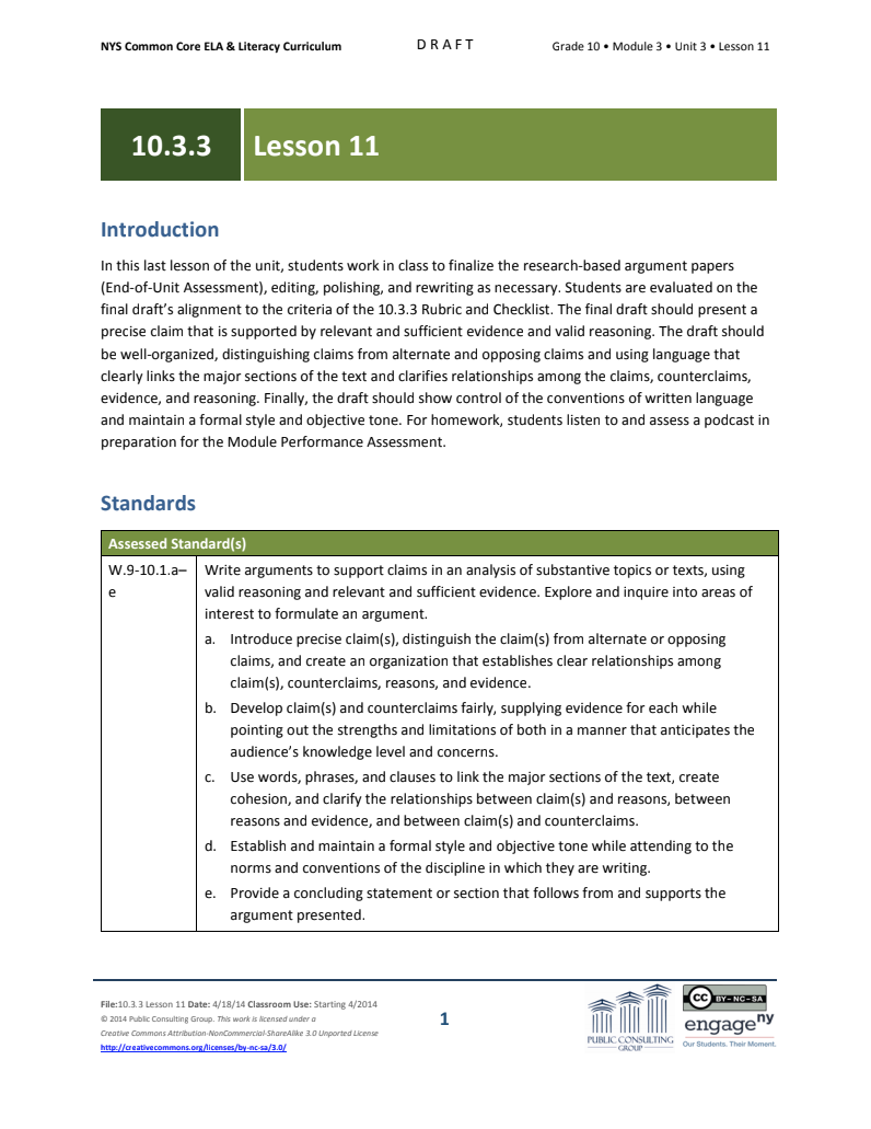 Grade 10 ELA Module 3: Unit 3, Lesson 11 Lesson Plan