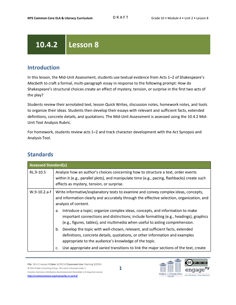 Grade 10 ELA Module 4: Unit 2, Lesson 8 Lesson Plan