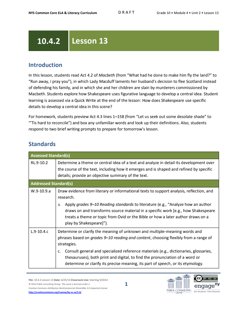 Grade 10 ELA Module 4: Unit 2, Lesson 13 Lesson Plan