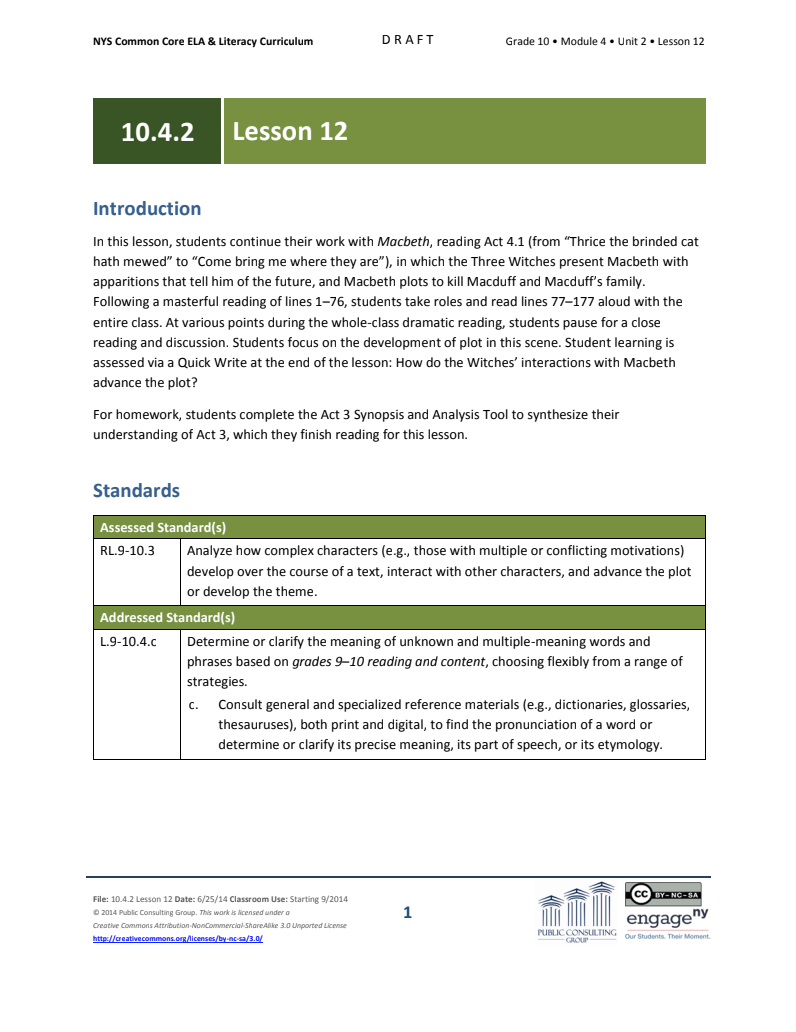 Grade 10 ELA Module 4: Unit 2, Lesson 12 Lesson Plan