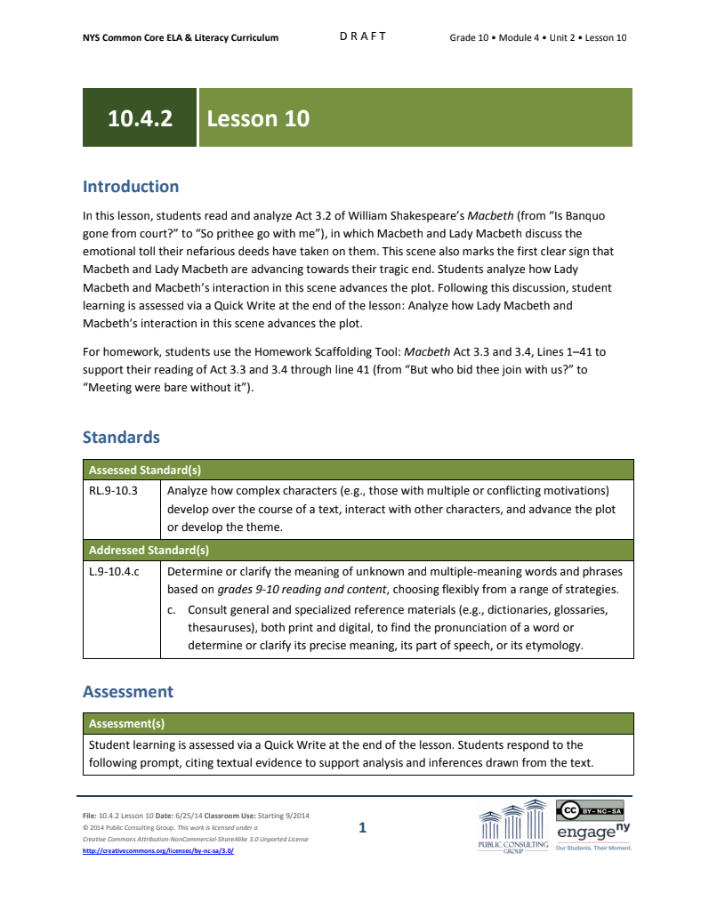 Grade 10 ELA Module 4: Unit 2, Lesson 10 Lesson Plan