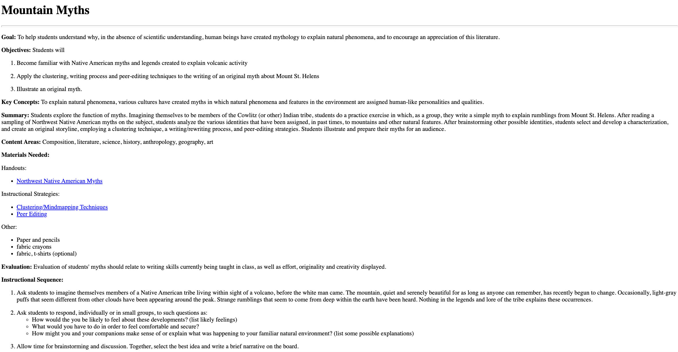 Mountain Myths Lesson Plan