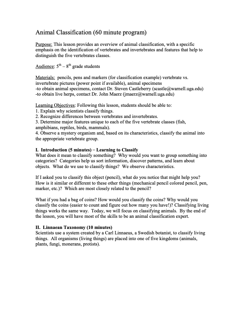 Animal Classification Lesson Plan