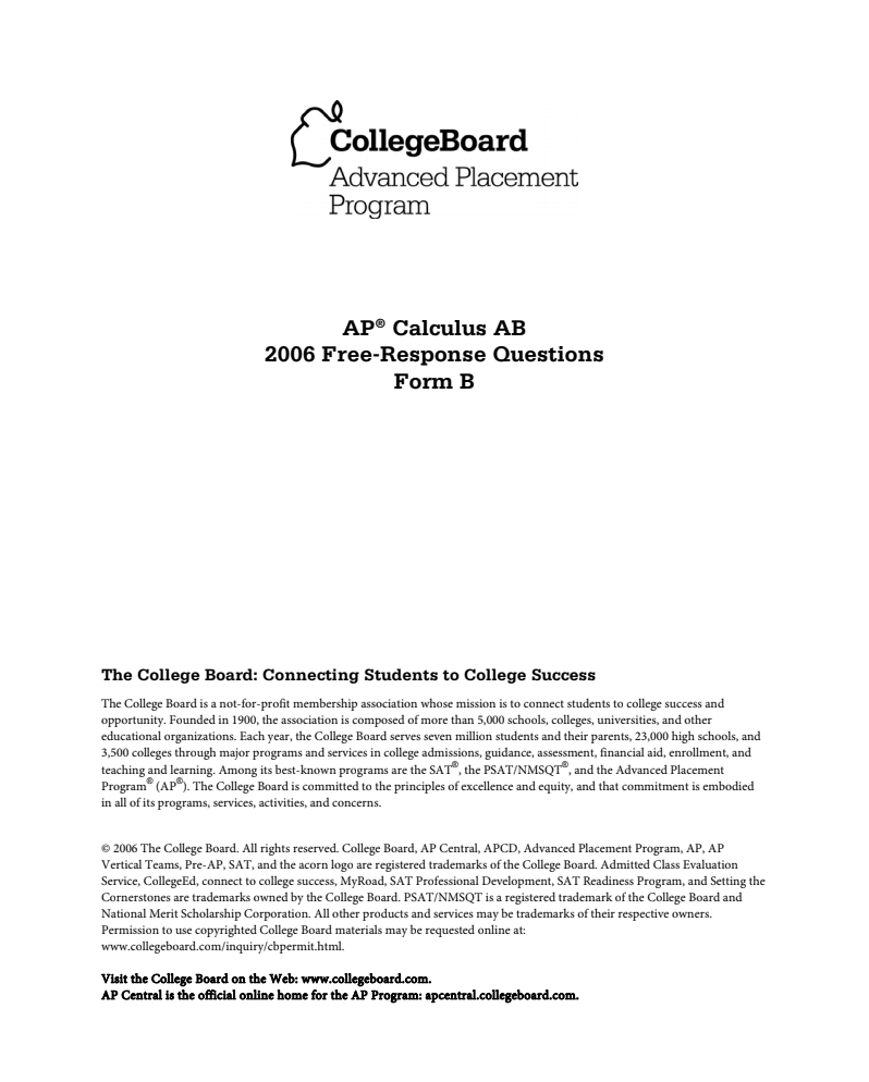 2006 AP® Calculus AB Free-Response Questions Form B AP Test Prep