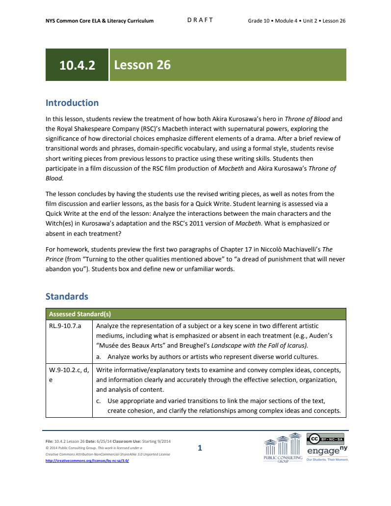 Grade 10 ELA Module 4, Unit 2, Lesson 26 Lesson Plan