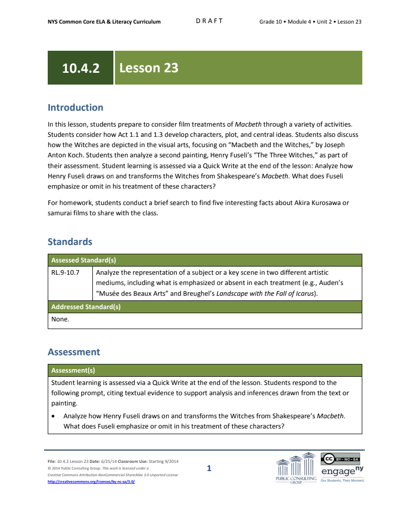 Grade 10 ELA Module 4, Unit 2, Lesson 23 Lesson Plan