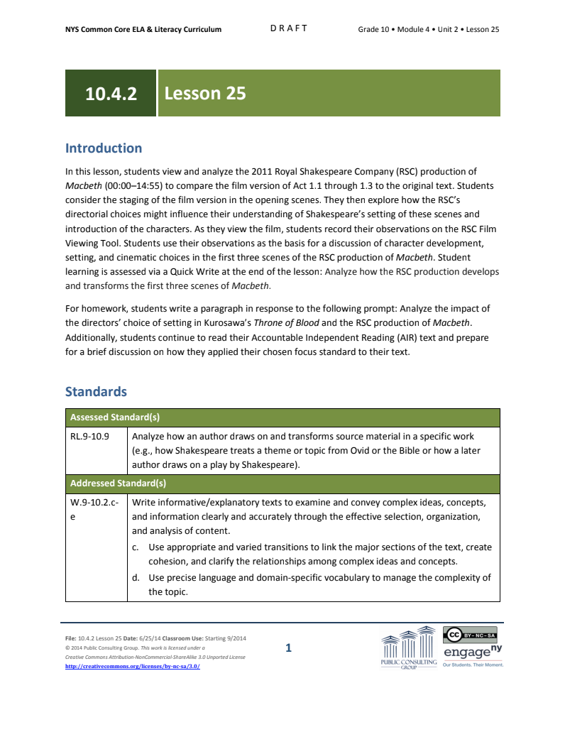 Grade 10 ELA Module 4, Unit 2, Lesson 25 Lesson Plan