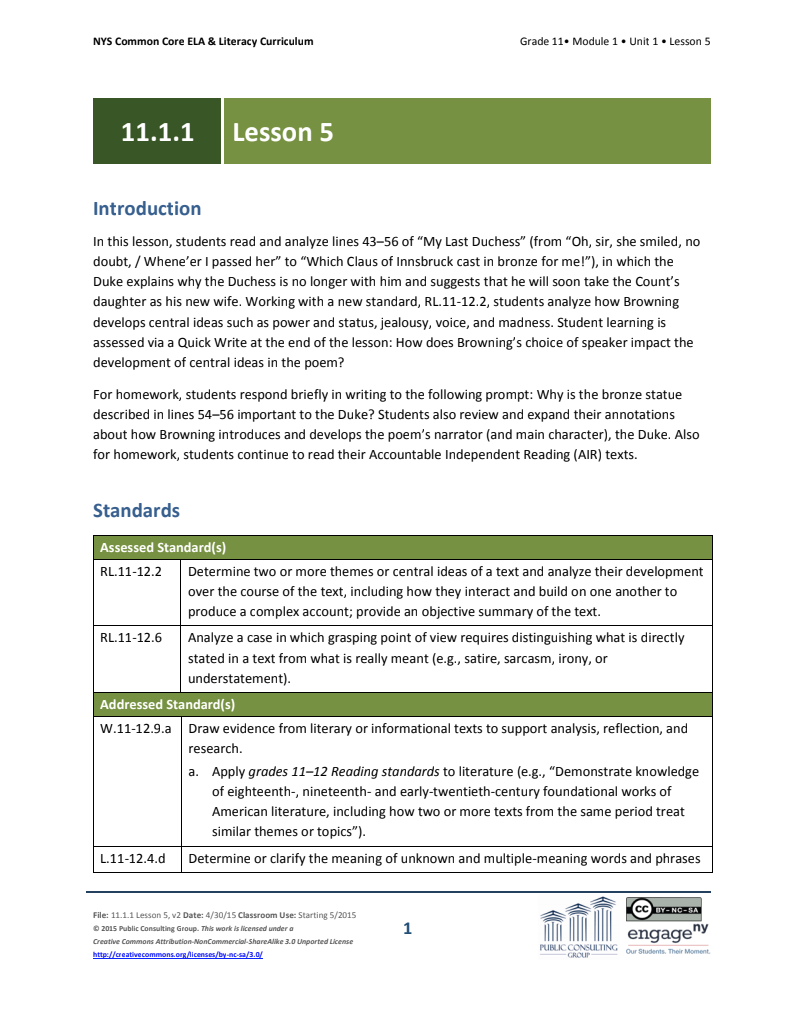 Grade 11 ELA Module 1: Unit 1, Lesson 5 Lesson Plan