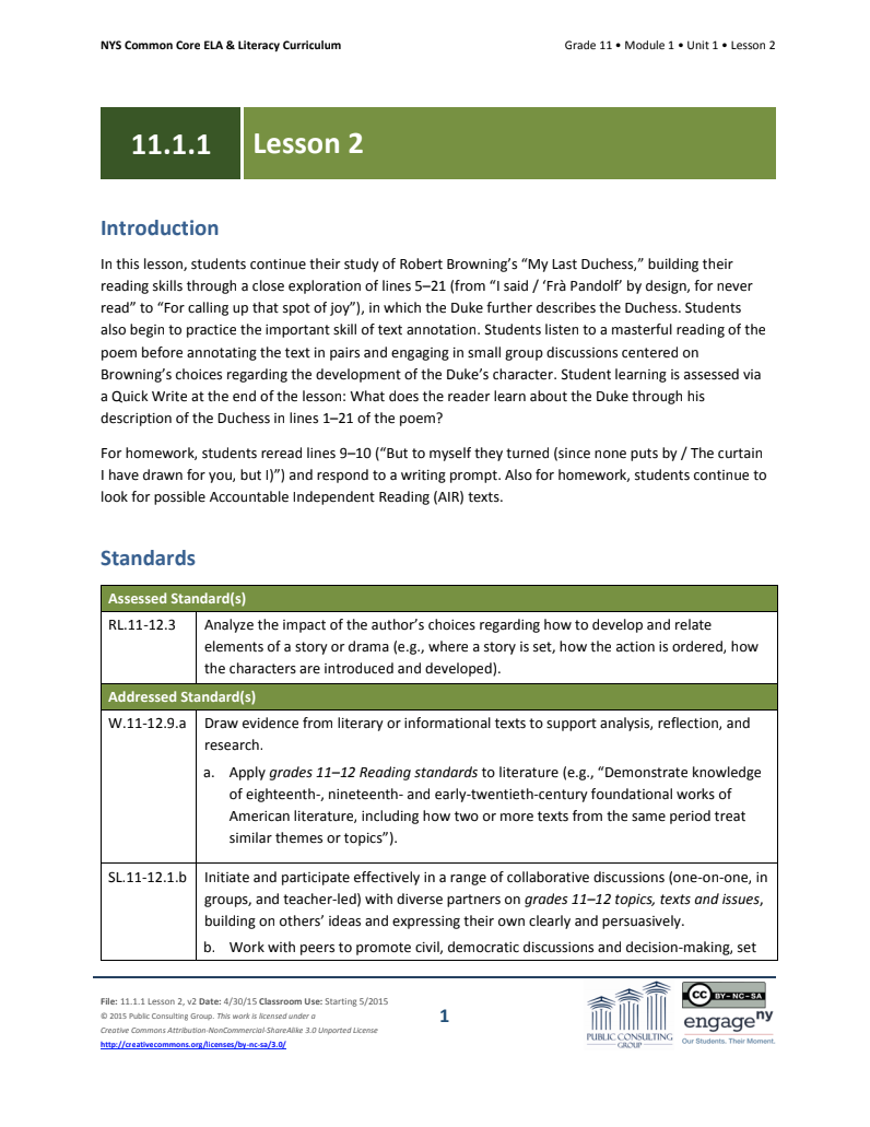 Grade 11 ELA Module 1: Unit 1, Lesson 2 Lesson Plan