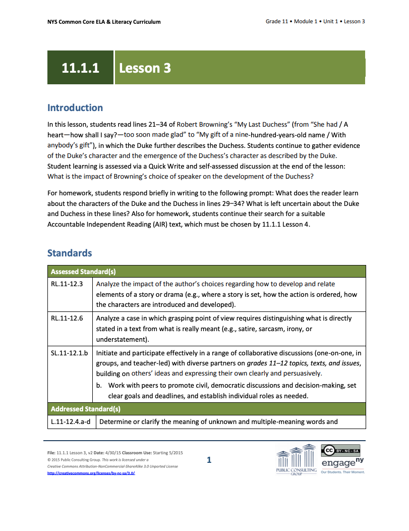 Grade 11 ELA Module 1: Unit 1, Lesson 3 Lesson Plan
