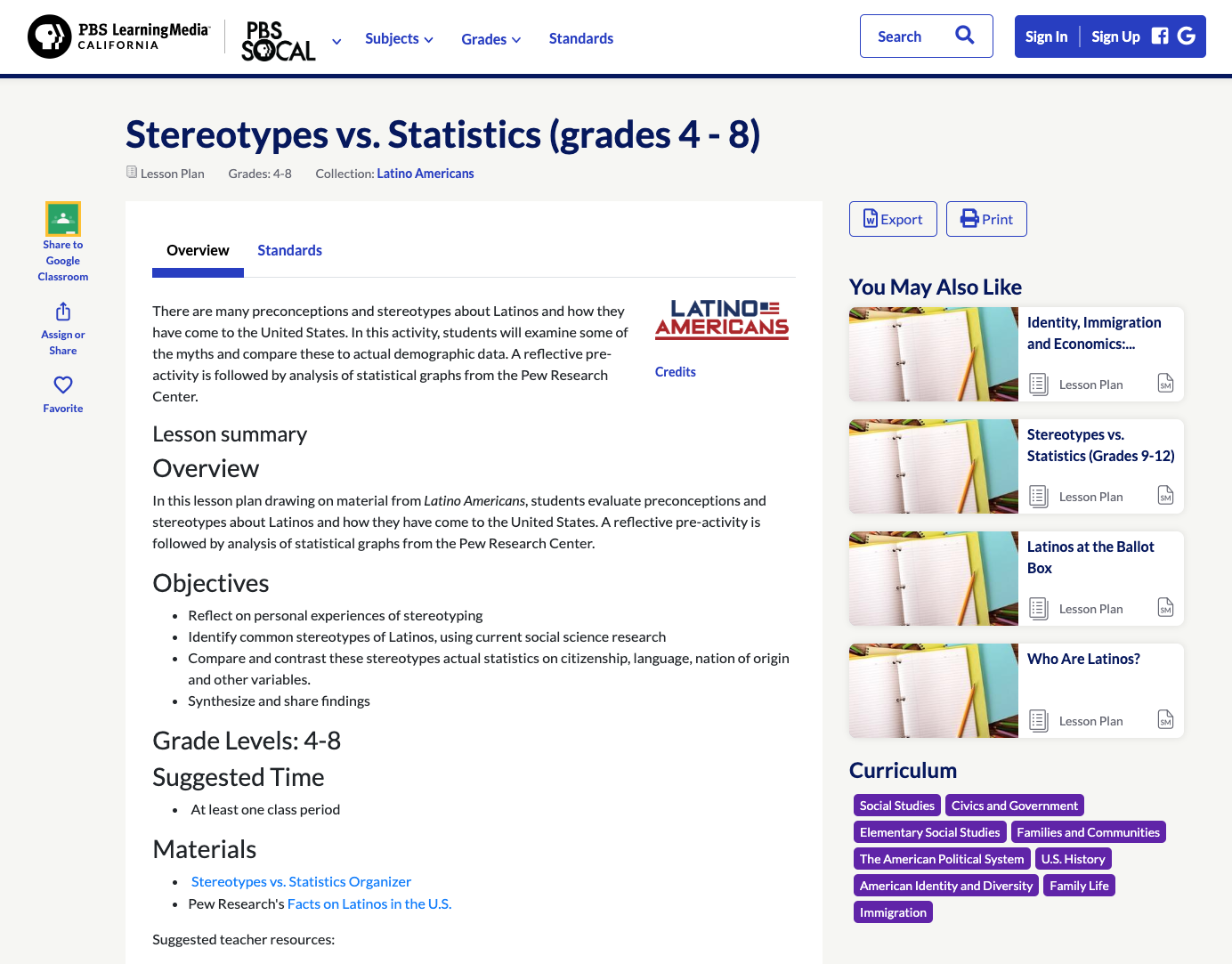 Stereotypes vs. Statistics (Grades 4-8) Lesson Plan