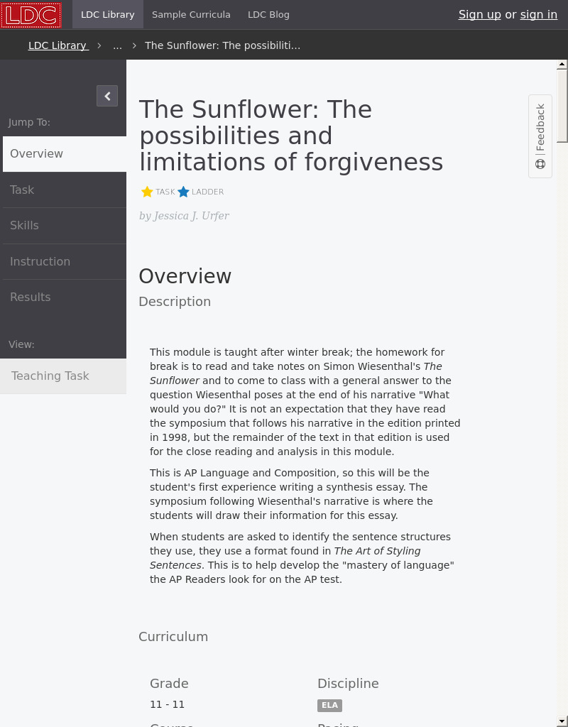 The Sunflower: The Possibilities and Limitations of Forgiveness Lesson Plan