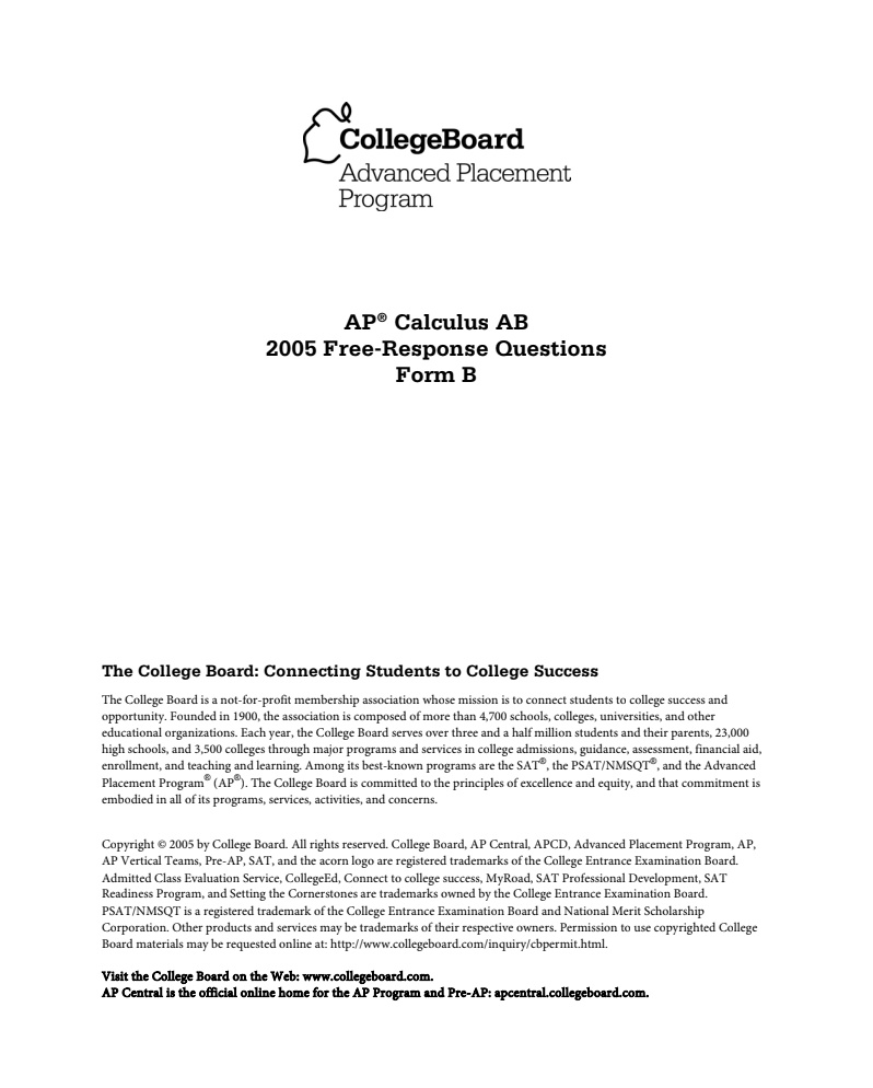 2005 AP® Calculus AB Free-Response Questions Form B AP Test Prep