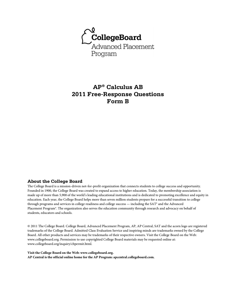 2011 AP® Calculus AB Free-Response Questions Form B AP Test Prep
