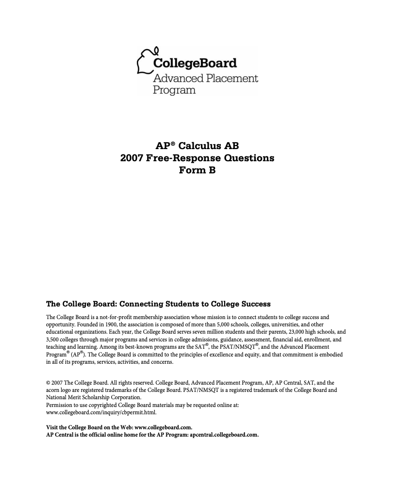2007 AP® Calculus AB Free-Response Questions Form B AP Test Prep