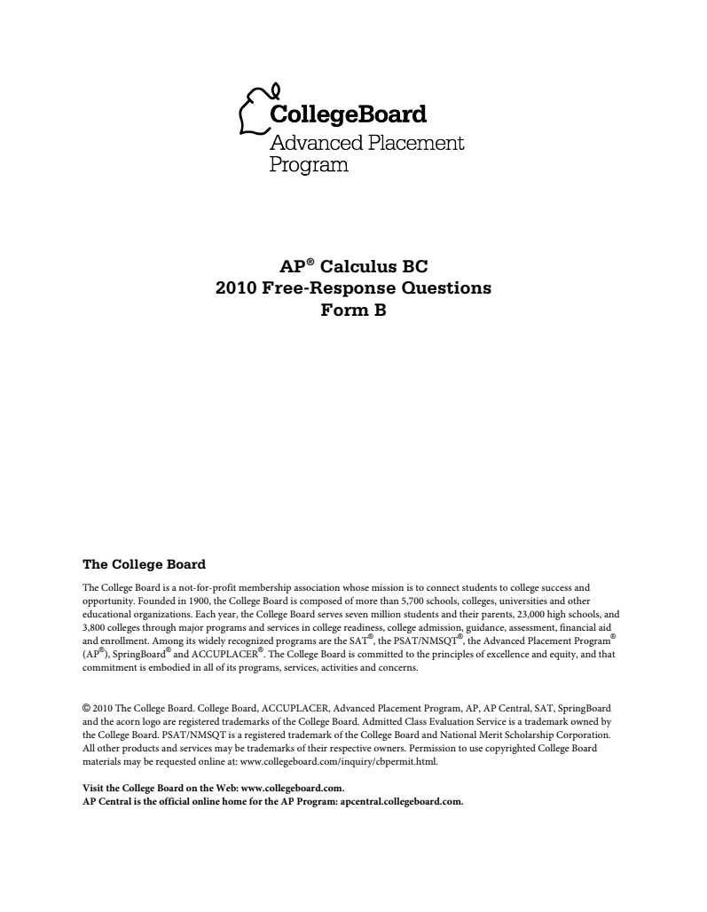 2010 AP® Calculus BC Free-Response Questions Form B AP Test Prep
