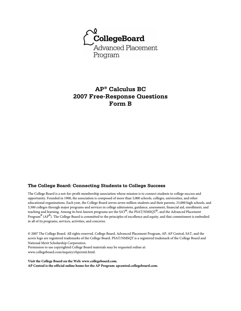 2007 AP® Calculus BC Free-Response Questions Form B AP Test Prep