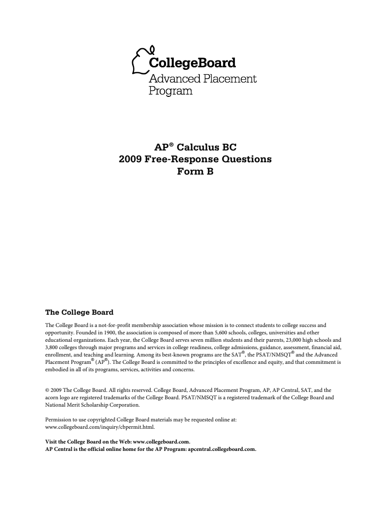 2009 AP® Calculus BC Free-Response Questions Form B AP Test Prep