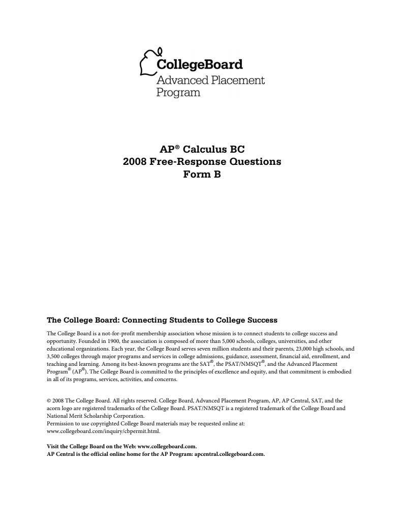 2008 AP® Calculus BC Free-Response Questions Form B AP Test Prep