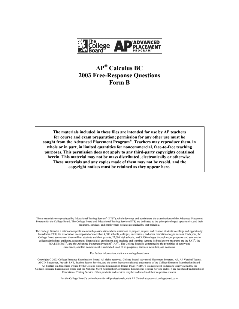 2003 AP® Calculus BC Free-Response Questions Form B AP Test Prep