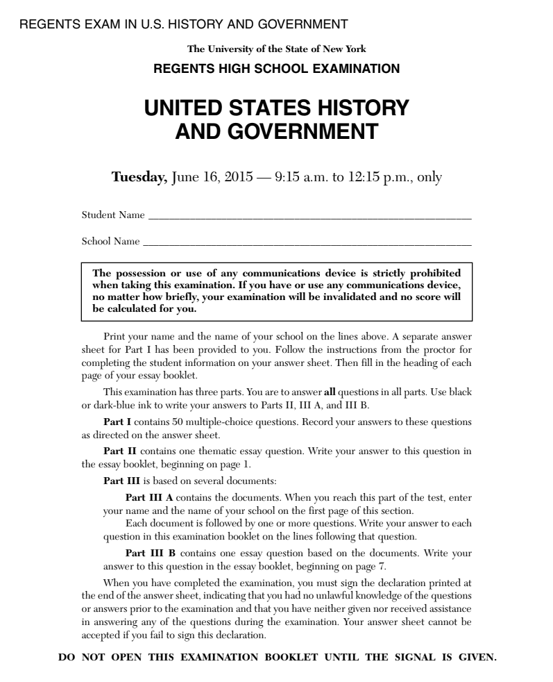 US History and Government Examination: June 2015 Assessment