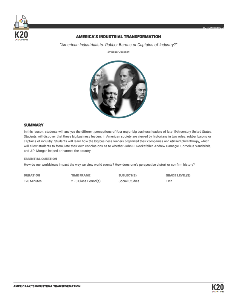 American Industrialists: Robber Barons or Captains of Industry? Lesson Plan