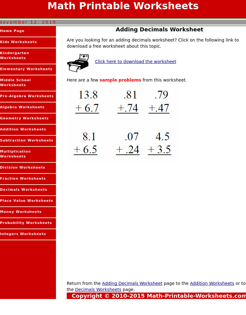 Adding Decimals Worksheet