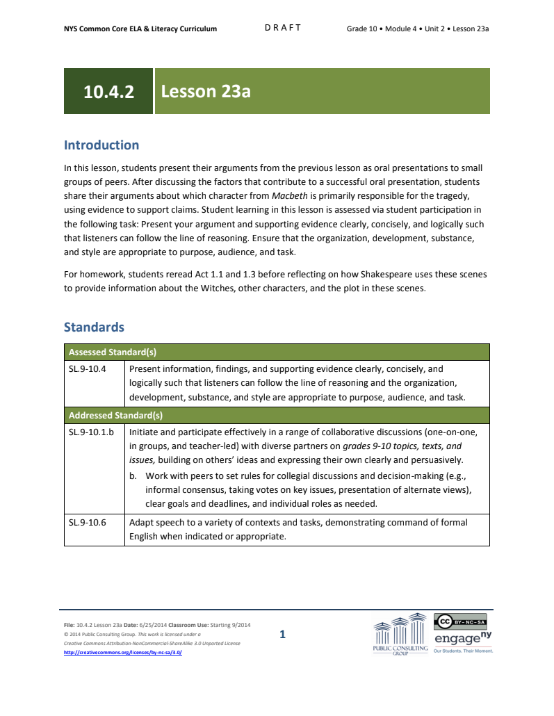 Grade 10 ELA Module 4, Unit 2, Lesson 23a Lesson Plan