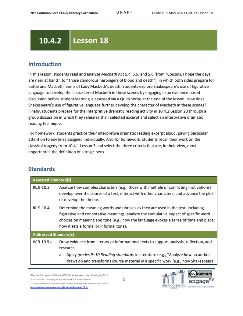 Grade 10 ELA Module 4: Unit 2, Lesson 18 Lesson Plan