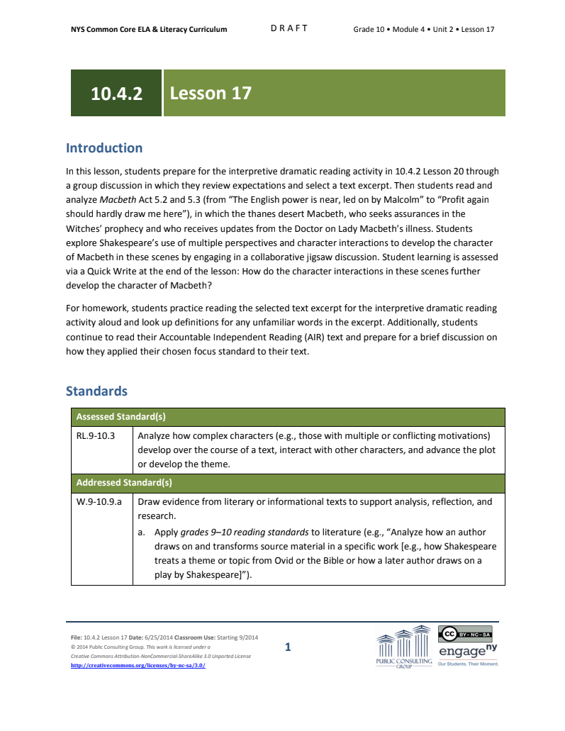 Grade 10 ELA Module 4: Unit 2, Lesson 17 Lesson Plan