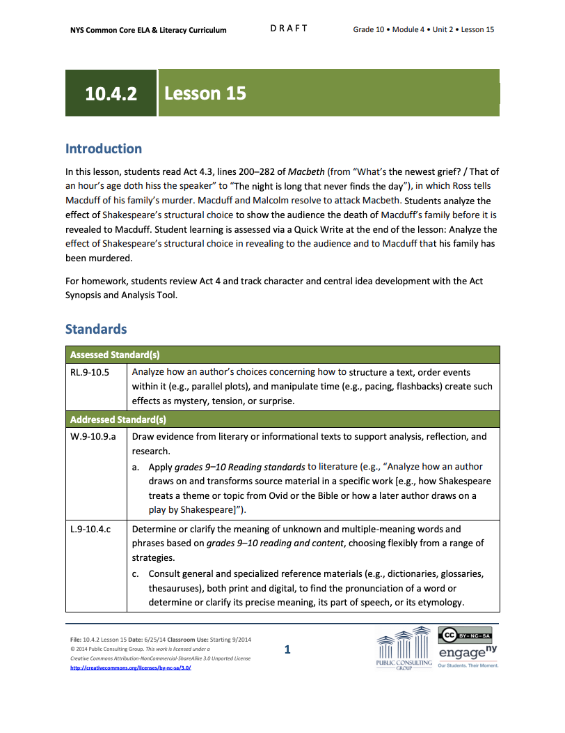 Grade 10 ELA Module 4: Unit 2, Lesson 15 Lesson Plan