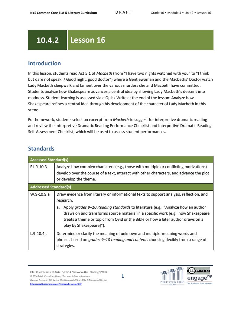 Grade 10 ELA Module 4: Unit 2, Lesson 16 Lesson Plan