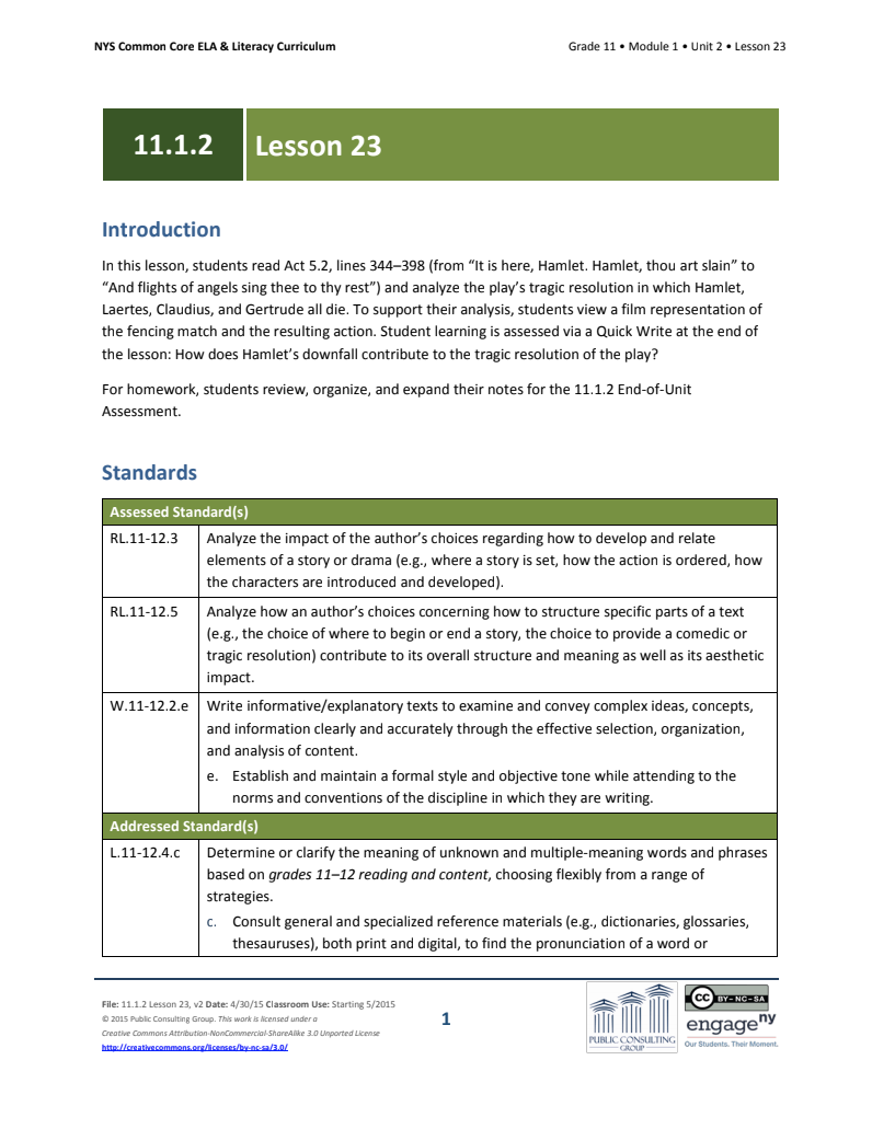 Grade 11 ELA Module 1: Unit 2, Lesson 23 Lesson Plan