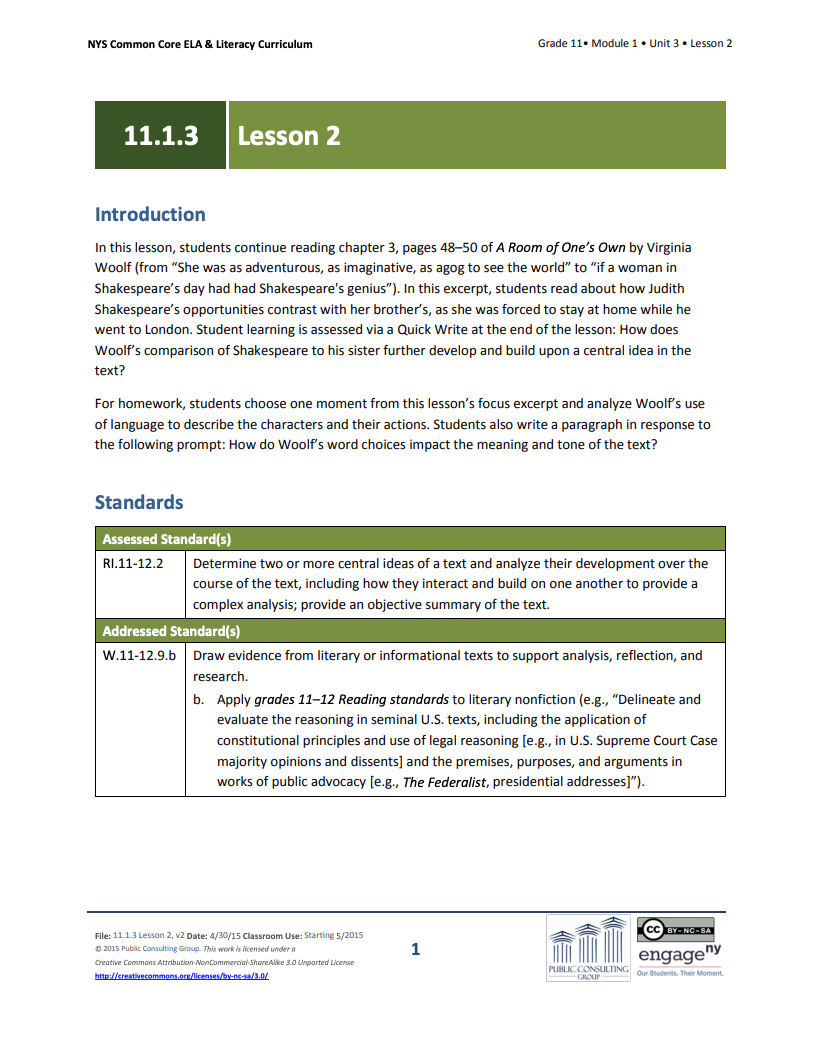Grade 11 ELA Module 1: Unit 3, Lesson 2 Lesson Plan