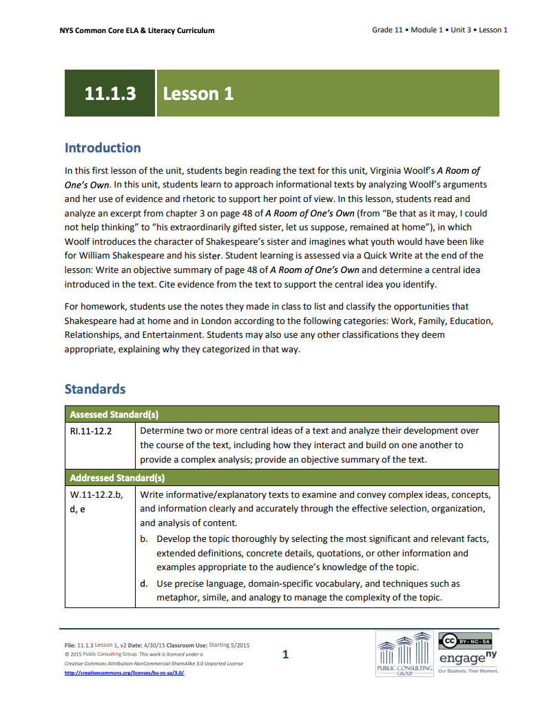 Grade 11 ELA Module 1: Unit 3, Lesson 1 Lesson Plan