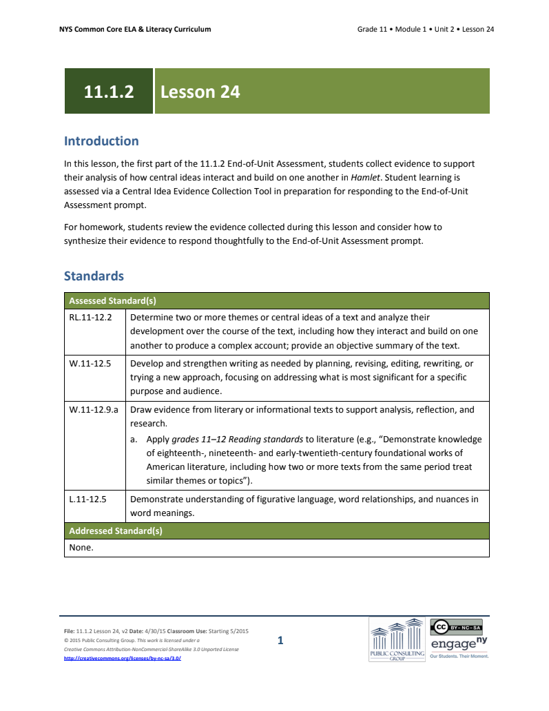 Grade 11 ELA Module 1: Unit 2, Lesson 24 Lesson Plan